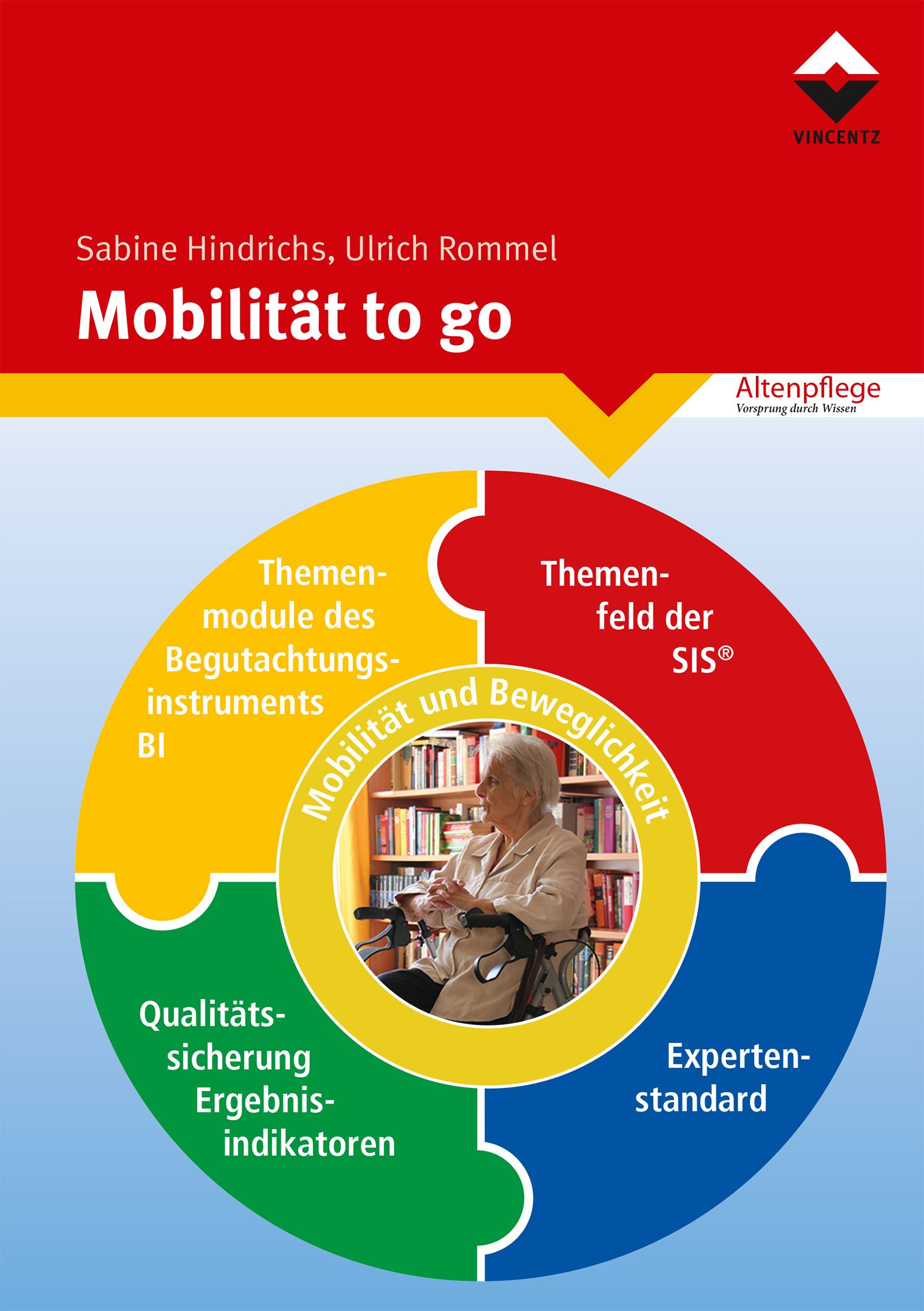 Buchcover mit Titel "Mobilität to go". Gezeigt werden Puzzleteile mit Texten und eine Frau im Rollator.