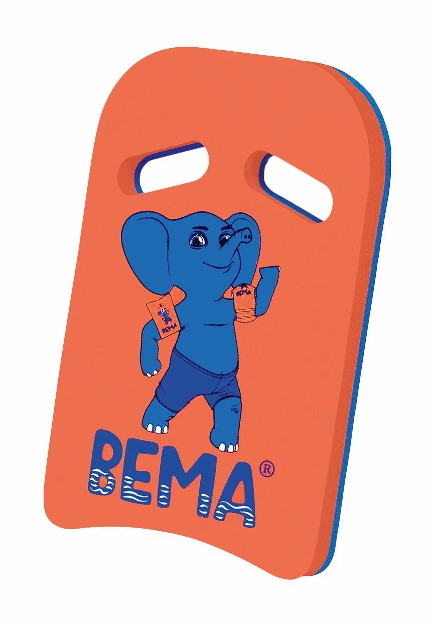 Orangefarbenes Schwimmbrett mit blauem Elefanten-Logo und blauen Grifföffnungen. BEMA-Schriftzug.