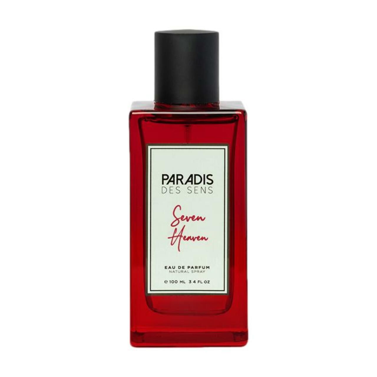 Roter Flakon mit schwarzem Verschluss. Weißes Etikett mit Text: PARADIS DES SENS, Seven Heaven, Eau de Parfum.