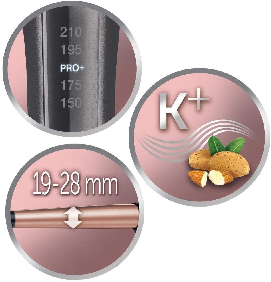 Lockenstab mit Temperaturanzeige. Abgebildet sind: 150, 175, PRO+, 195, 210. Außerdem: K+ und Mandeln. Durchmesser: 19-28 mm.