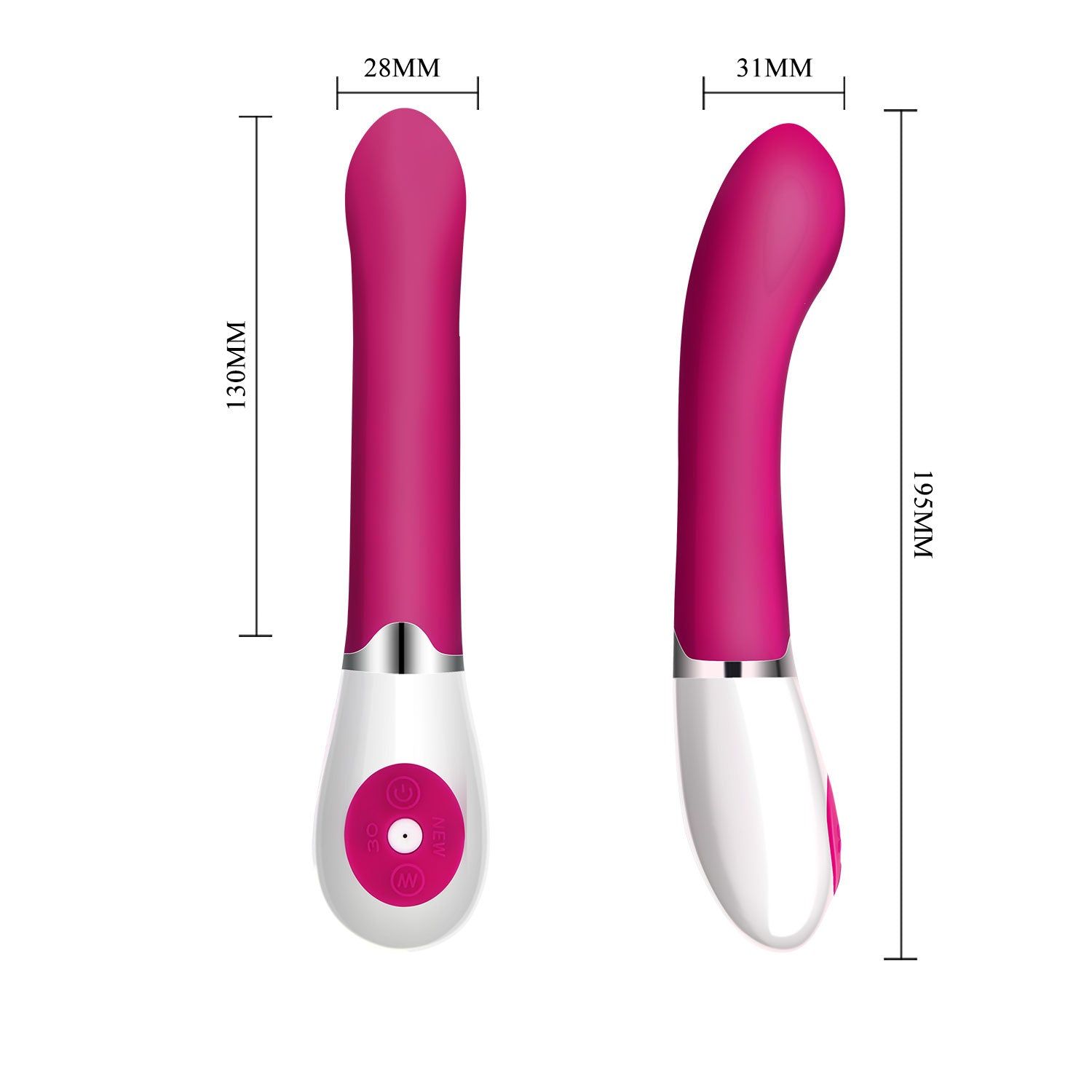 Vibrator mit pinkfarbenem Schaft und weißem Unterteil. Maße sind angegeben.