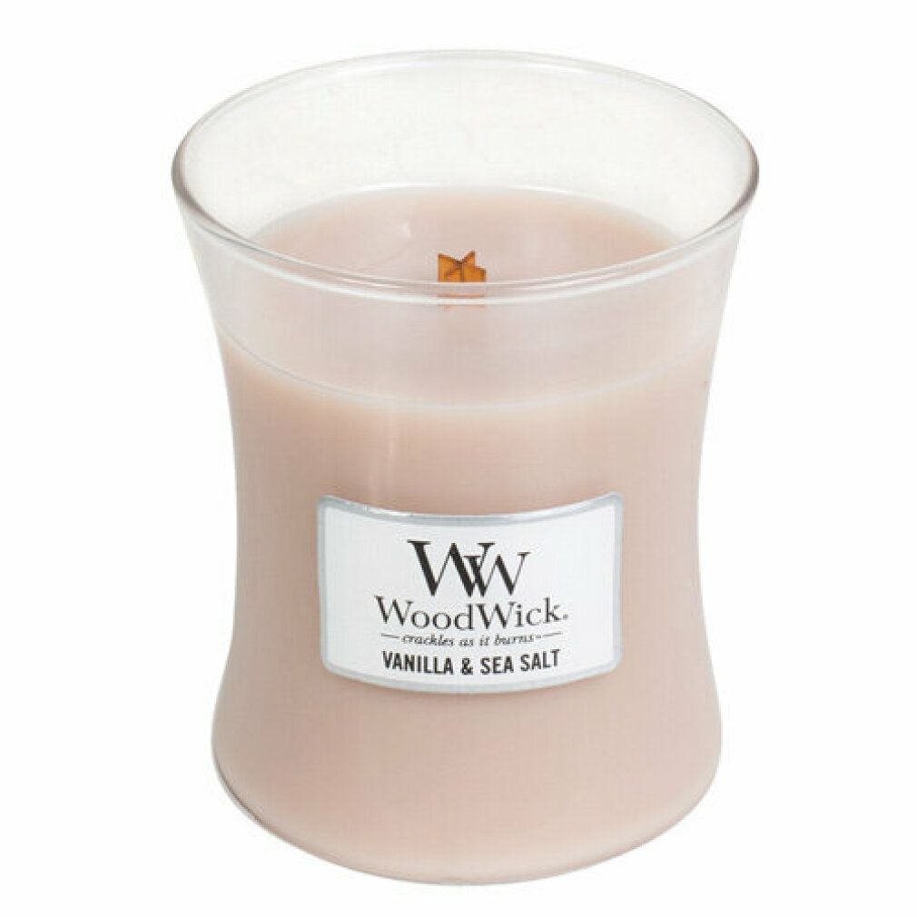 Sanduhrförmige Kerze ohne Deckel. Aufkleber mit "WoodWick" und "Vanilla & Sea Salt".