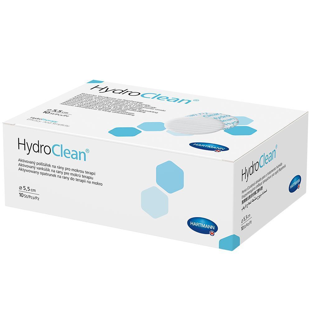 Hartmann HydroClean Wundauflage-Box. Weiß, mit Produkt- und Markenbezeichnung. Enthält 10 Stück, 5,5 cm Durchmesser.