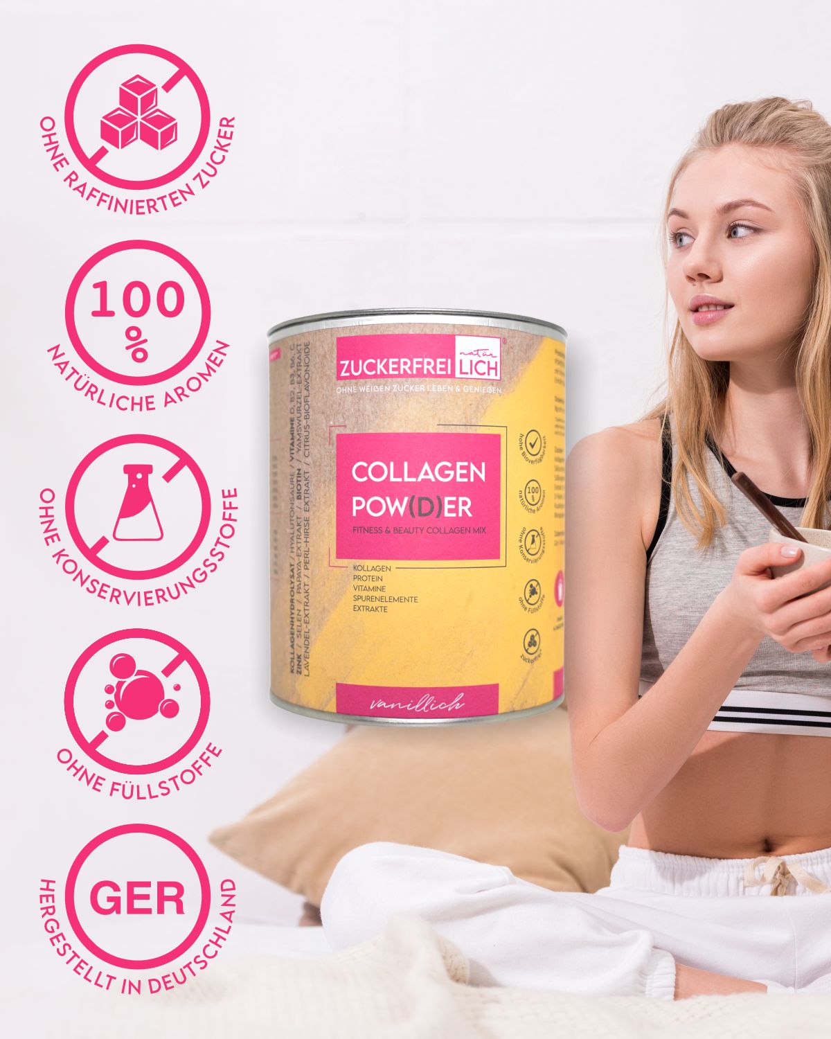Frau mit Dose ZUCKERFREIlich Collagen Pulver. Dose mit Produktinformationen und Logos. Frau hält Tasse.