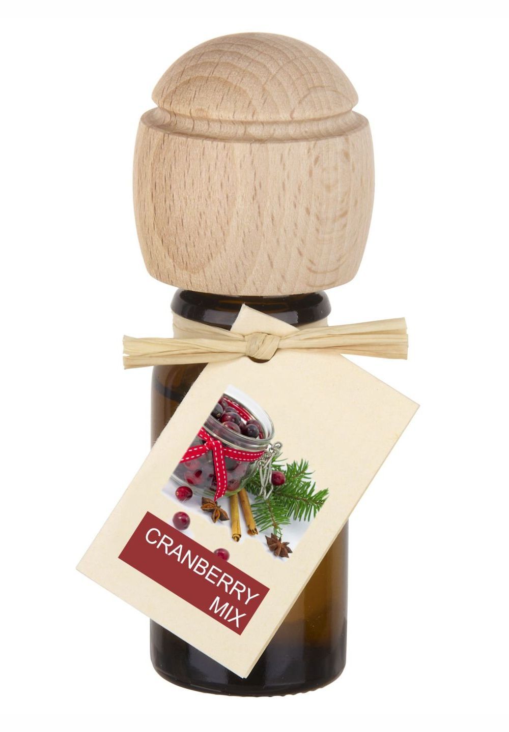 Braunglasflasche mit Holzverschluss und Anhänger. Anhänger zeigt Cranberry-Mix. Mit Bastband gebunden.