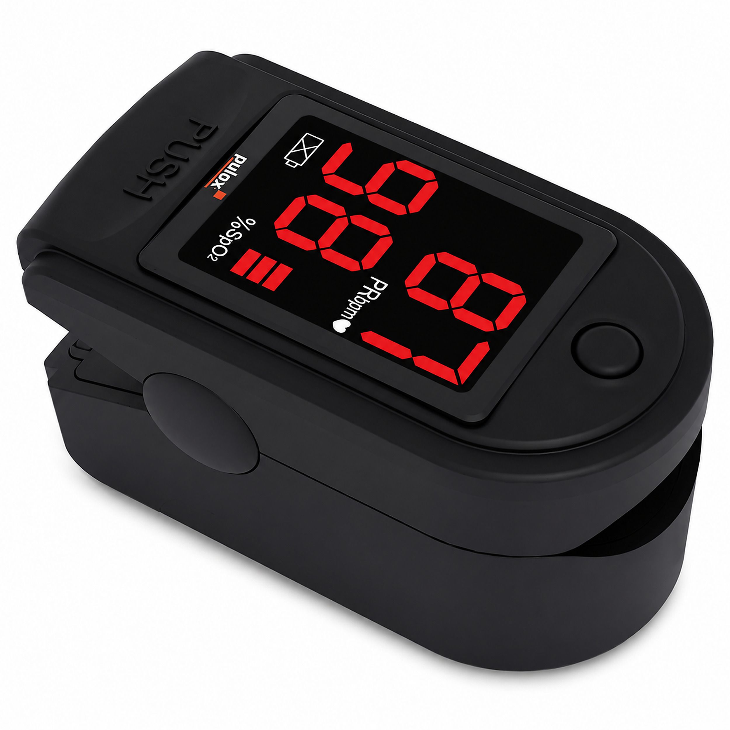 Schwarzes Pulsoximeter mit rotem LED-Display, das SpO2 und Puls anzeigt.