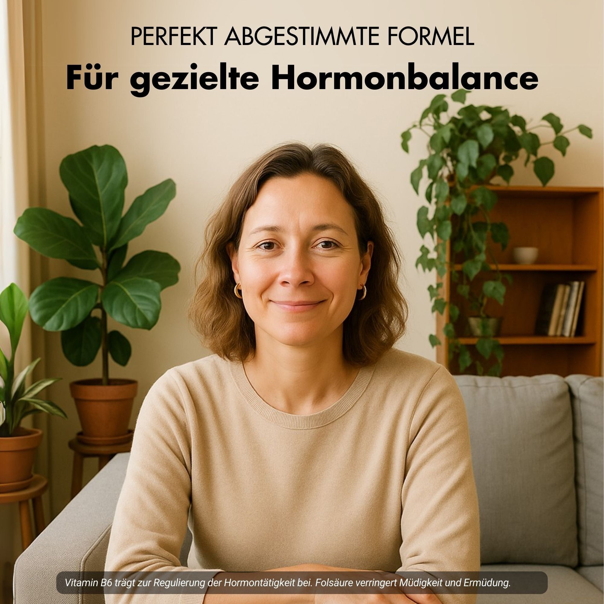 Porträt einer lächelnden Frau. Sie sitzt auf einem Sofa vor Pflanzen. Text: Für gezielte Hormonbalance.
