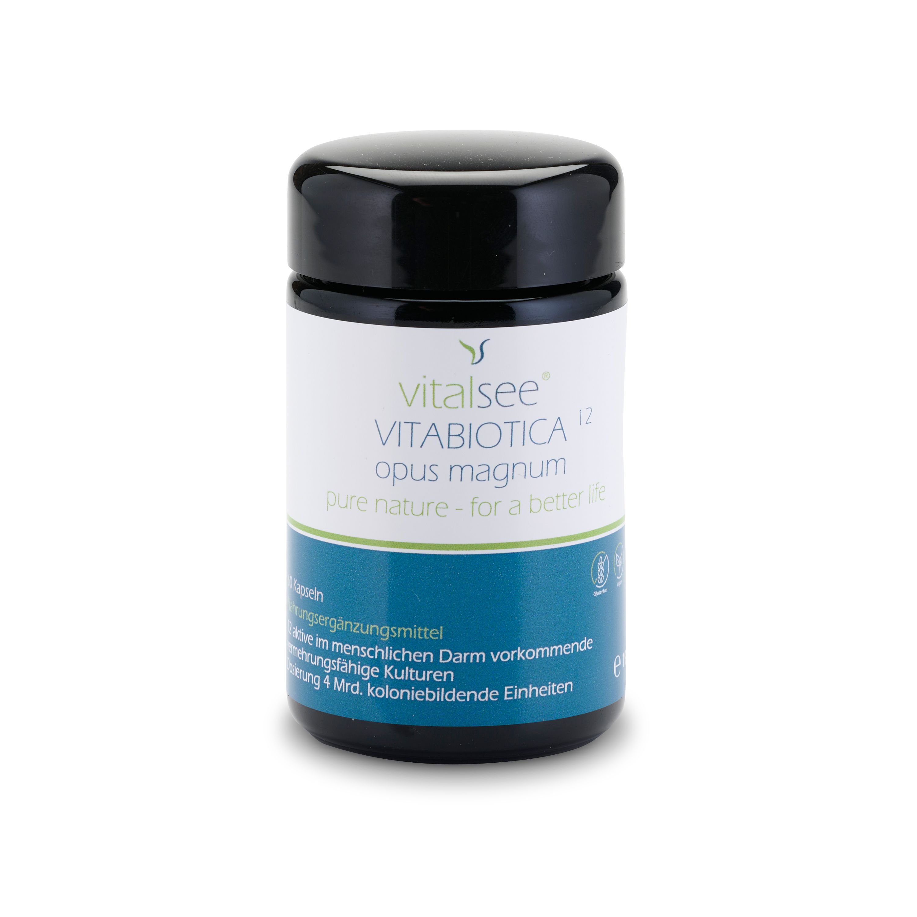 Schwarze Dose mit weißem Etikett. Aufschrift: Vitalsee VITABIOTICA 12 opus magnum. Blaue und grüne Akzente.