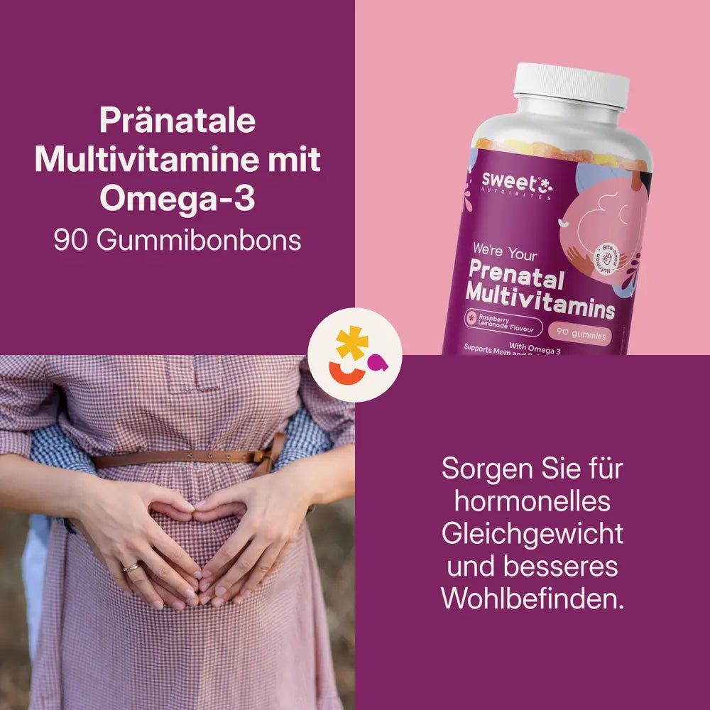 Produktflasche mit Prenatal Multivitamins. Text: 90 Gummibonbons. Frau mit Herz-Handgeste. Text: Sorgen Sie für hormonelles Gleichgewicht und besseres Wohlbefinden.