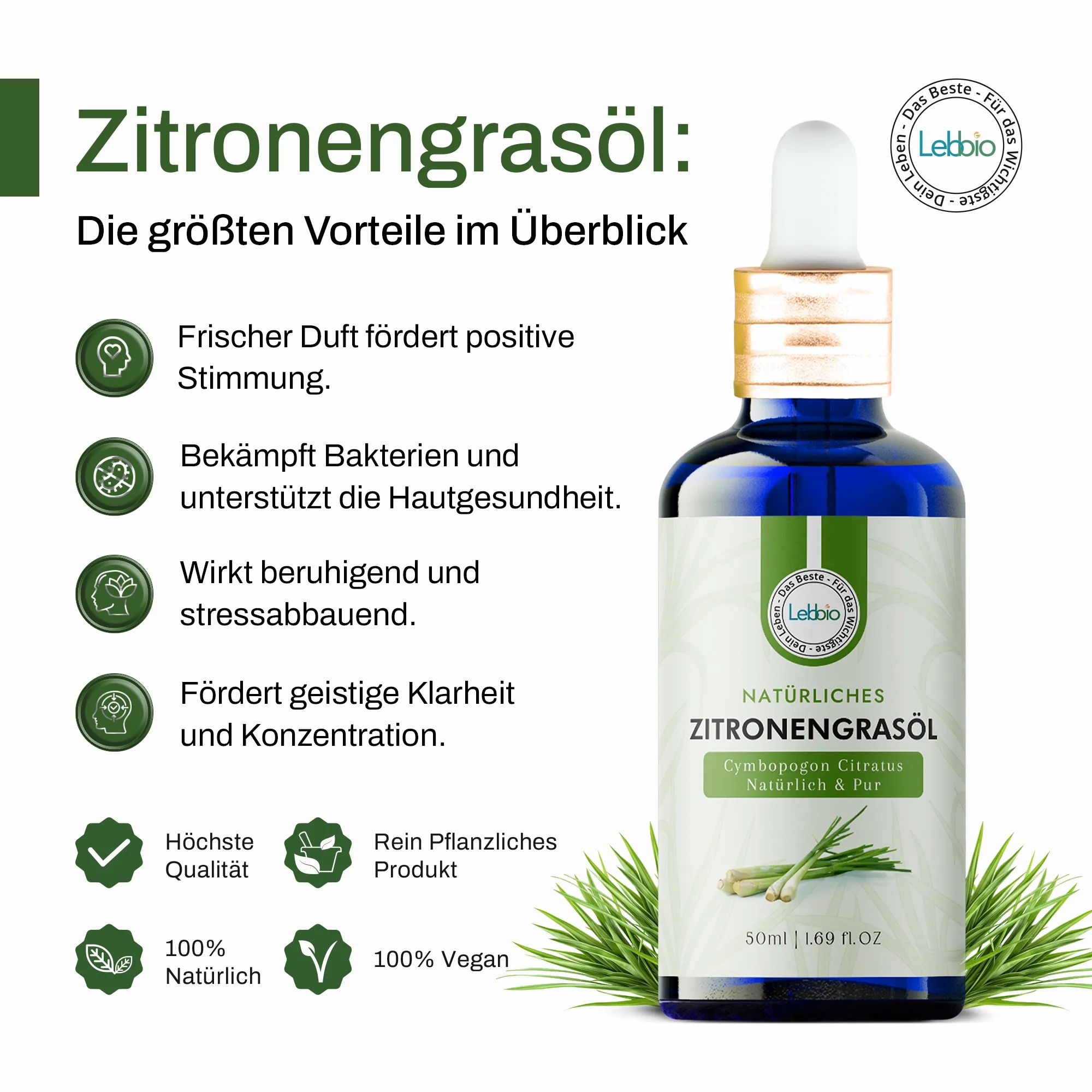 Blaue Glasflasche mit Pipette. Aufschrift: Natürliches Zitronengrasöl. Text mit Vorteilen. Logos: Höchste Qualität, 100% natürlich, 100% vegan.