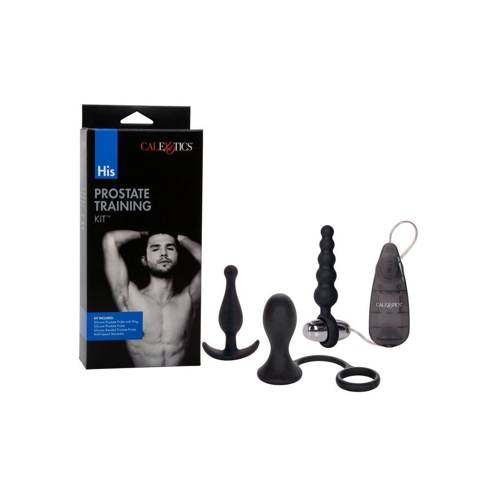 Verpackung mit Produkt-Set. Aufschrift: His Prostate Training Kit. Enthält: Prostatasonde, Ring, Stimulator. Marke: Calexotics.