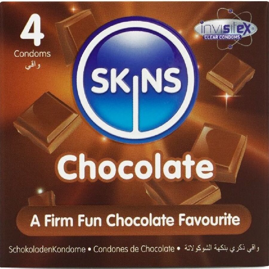 Verpackung mit vier Kondomen. Aufschrift: SKINS Chocolate. Abbildung von Schokoladenstücken. Text: A Firm Fun Chocolate Favourite.