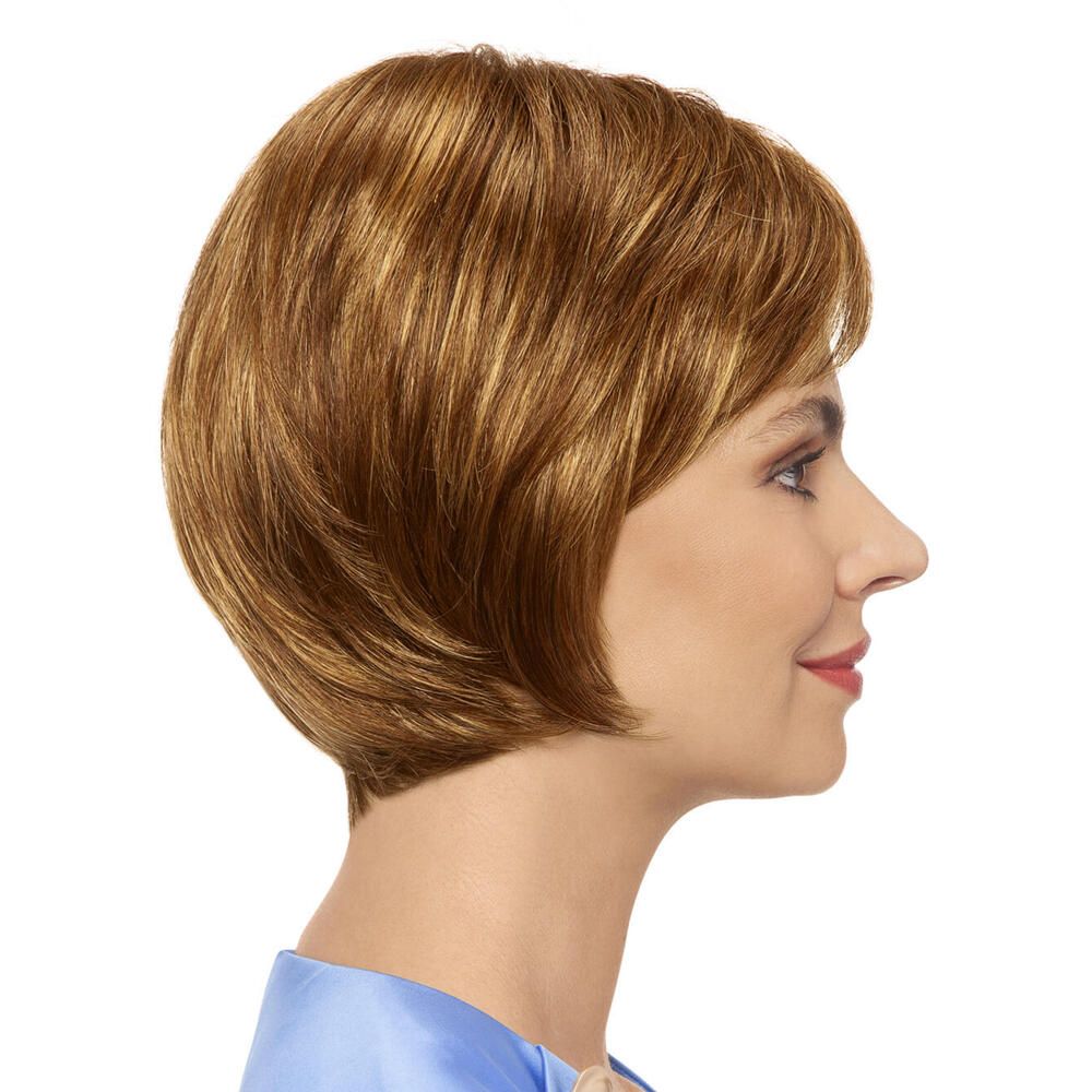 Kurzhaarperücke, goldbraun, mit Pony. Frau, Profilansicht.
