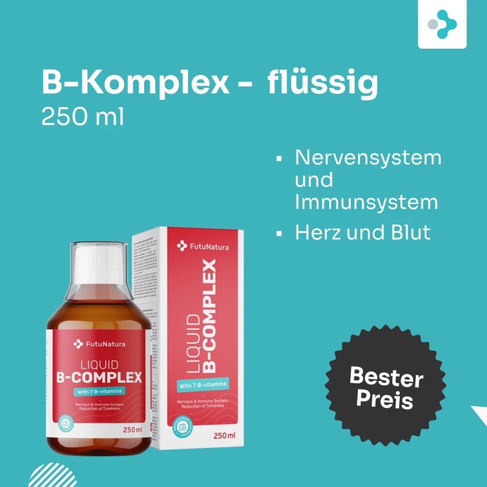 Flasche und Karton FutuNatura B-Komplex flüssig, 250 ml, mit Hinweisen zu Nerven und Immunsystem.