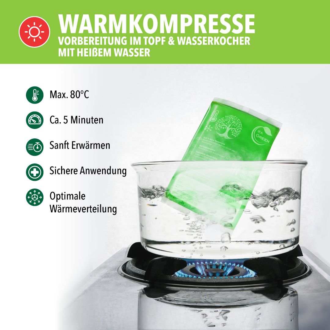 Kompresse in Topf mit heißem Wasser. Text: Max. 80°C, ca. 5 Minuten, optimale Wärmeverteilung.