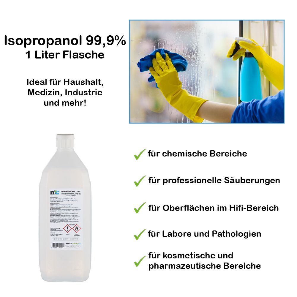 Isopropanol 99,9% Flasche. Text: 1 Liter Flasche, ideal für Haushalt, Medizin, Industrie und mehr!