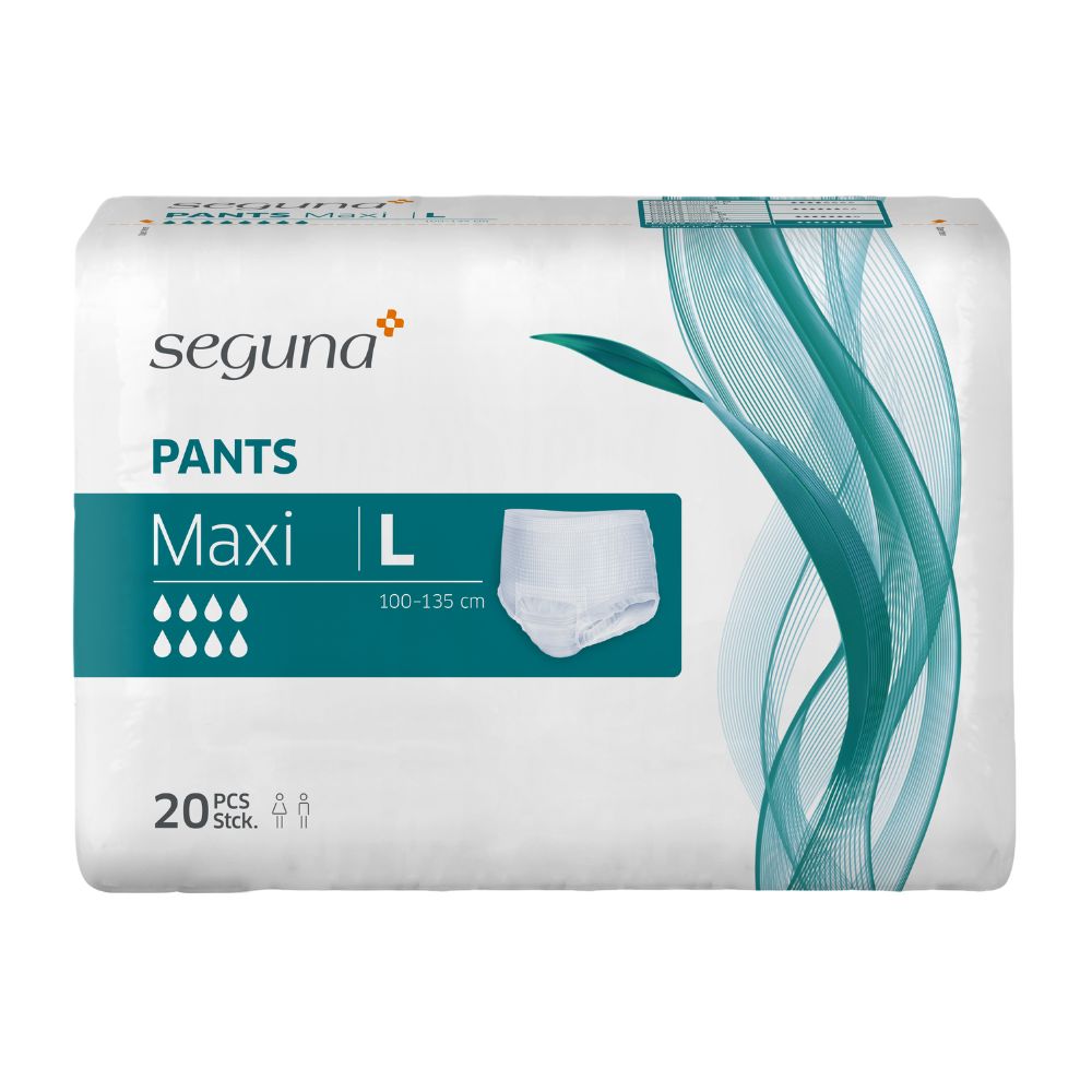Verpackung SEGUNA Pants Maxi L. 20 Stück. Größe L, Messbereich 100-135 cm. Tropfensymbol für Saugstärke.