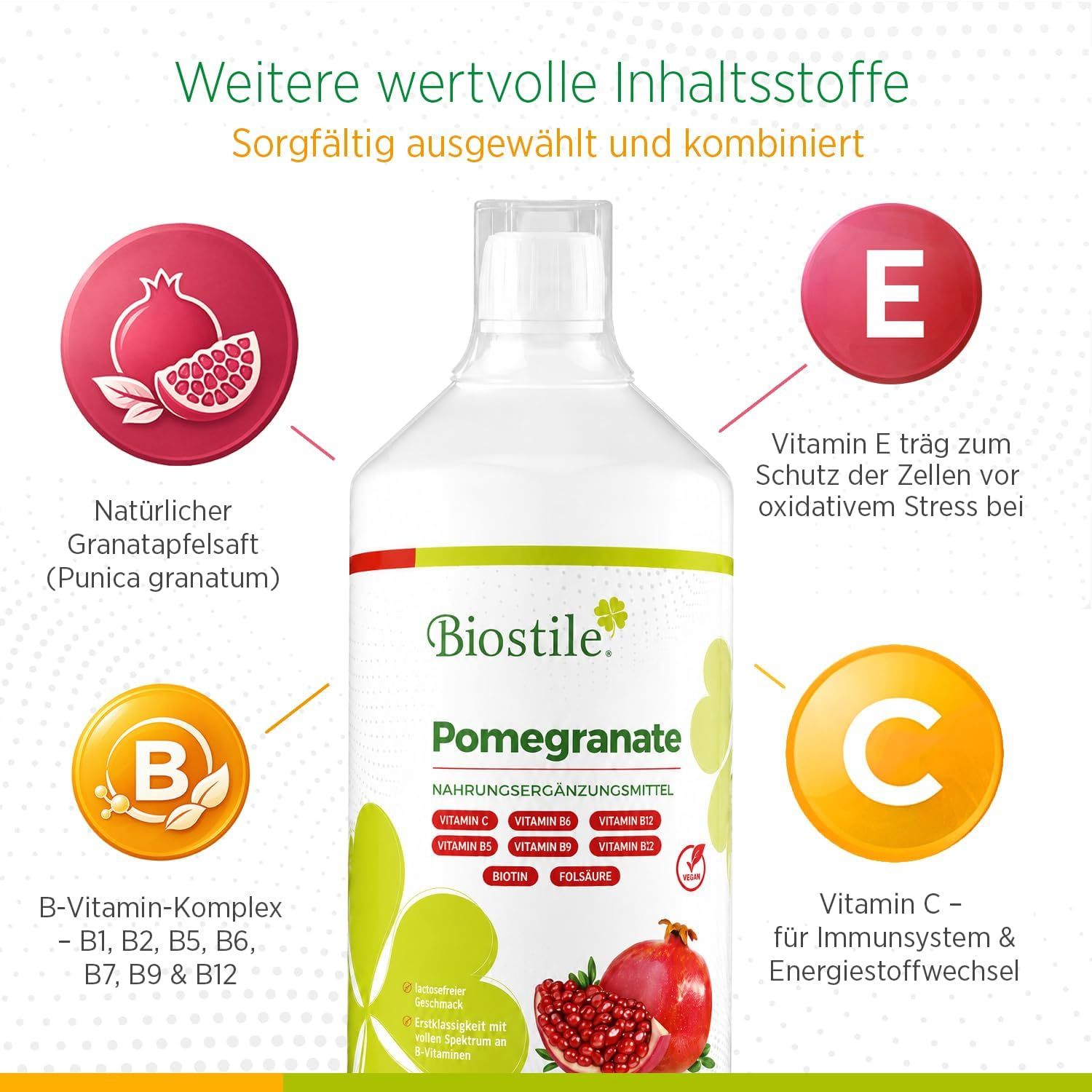 Biostile Pomegranate Nahrungsergänzungsmittel in weißer Flasche mit Granatapfel-Symbolen und Vitamin-Icons (B, C, E).