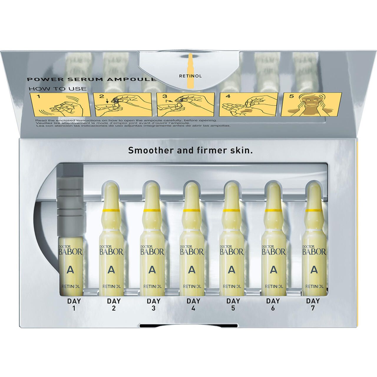 Geöffnete Verpackung mit 7 Doctor Babor Power Serum Ampullen Retinol. Anordnung mit Anwendungsanleitung. Ampullen beschriftet mit 'DAY' und Zahlen.