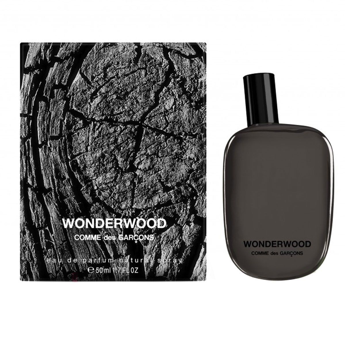 Comme des Garcons Wonderwood Eau de Parfum 50ml Flakon und Verpackung mit Holzmaserung.