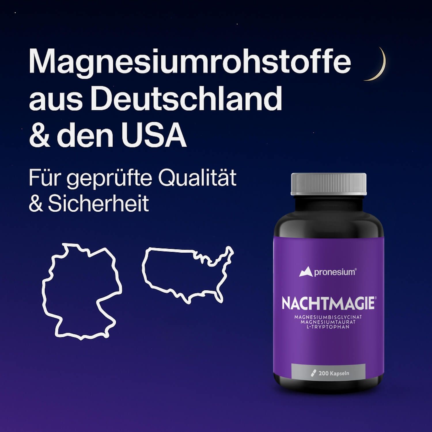 NACHTMAGIE-Produkt. Text: Magnesiumrohstoffe aus Deutschland & den USA. Für geprüfte Qualität & Sicherheit. Karten von Deutschland und USA.
