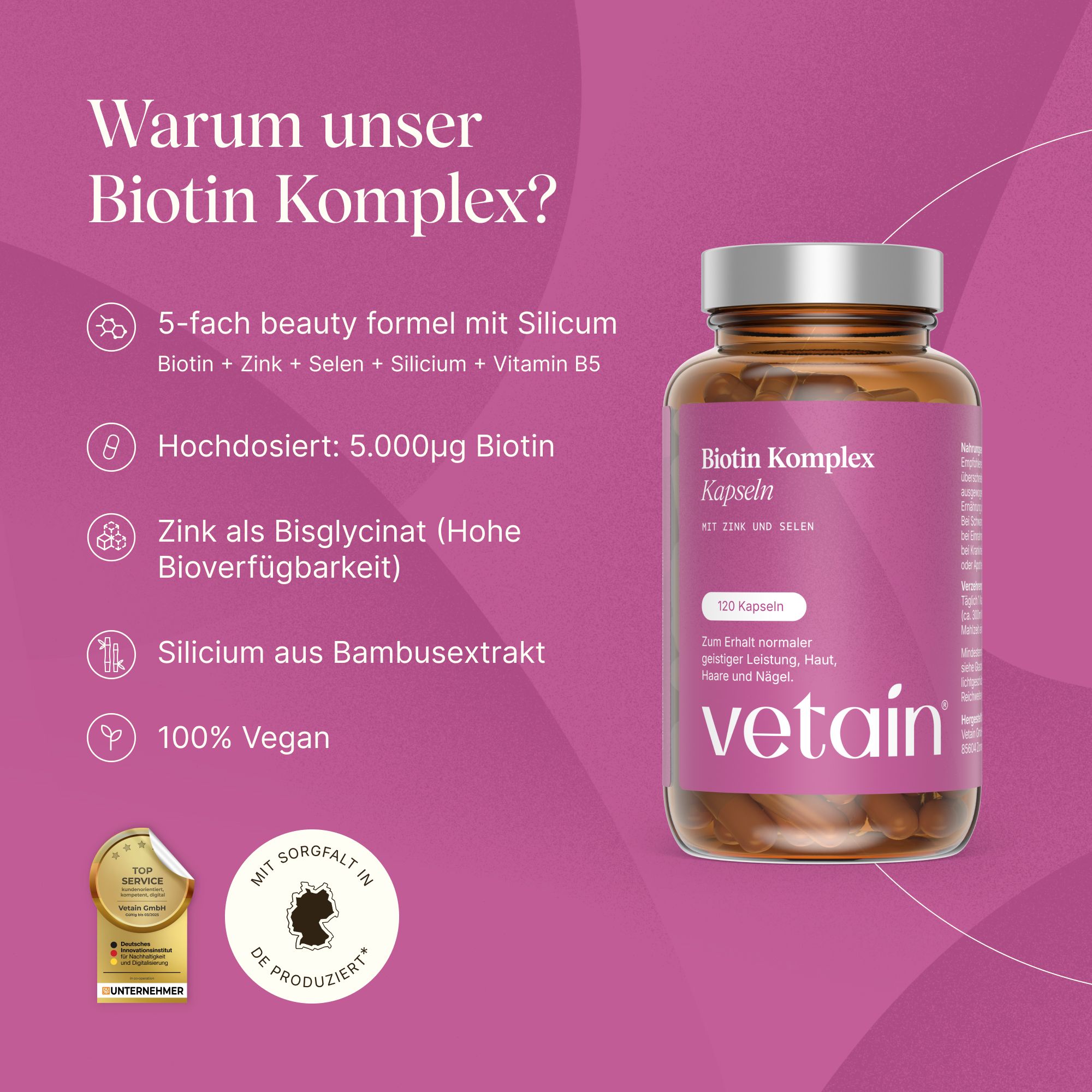 VETAIN Biotin Zink Selen Komplex - Mit Silizium & Vitamin B5 - Für Haare, Haut & Nägel - hochdosiert