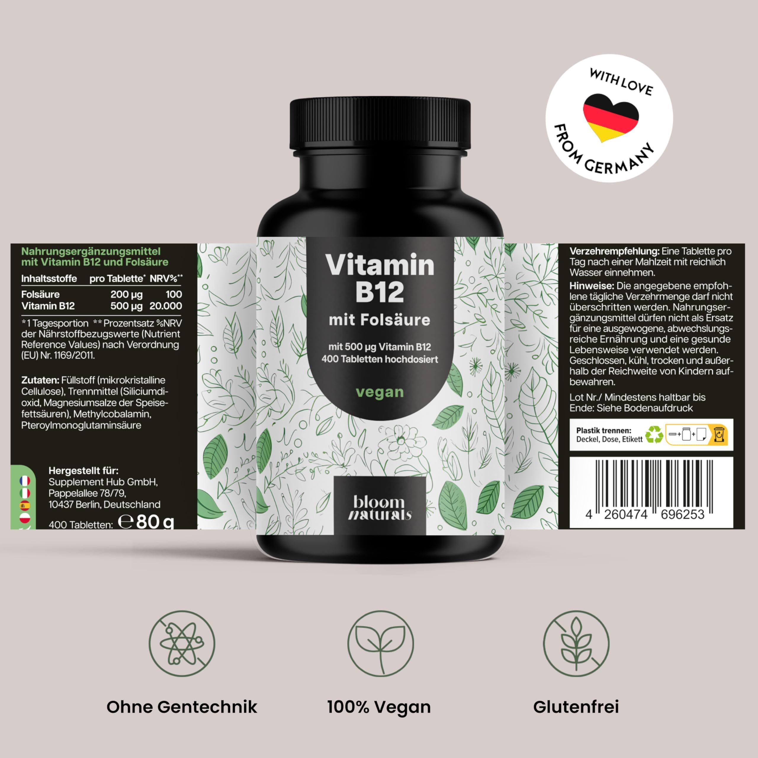 Flasche mit Etiketten. Text: Vitamin B12 mit Folsäure, 500 µg Vitamin B12, 400 Tabletten, vegan. Marke: bloom naturals. Mit Liebe aus Deutschland.