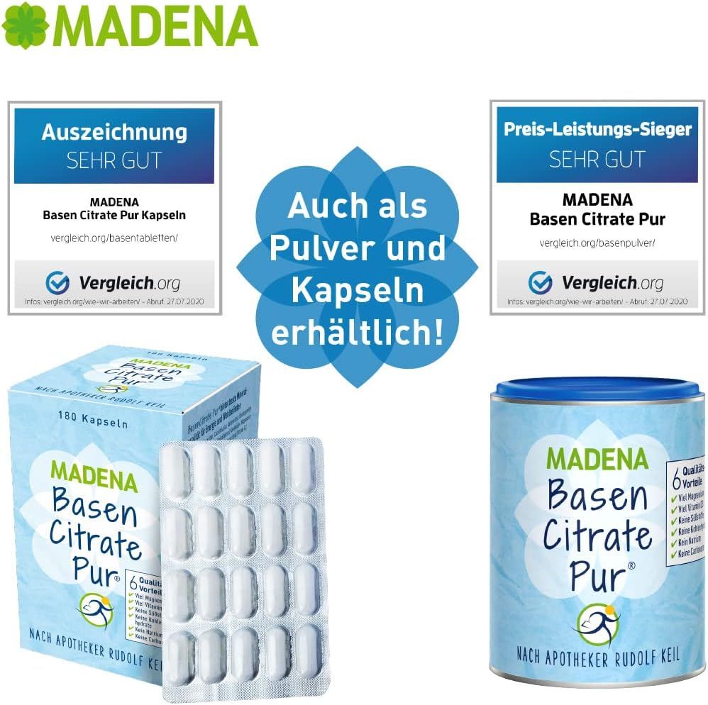MADENA Basen Citrate Pur in verschiedenen Darreichungsformen: Kapseln in Blisterpackung, Dose und Pulver. Auszeichnungen sind sichtbar.