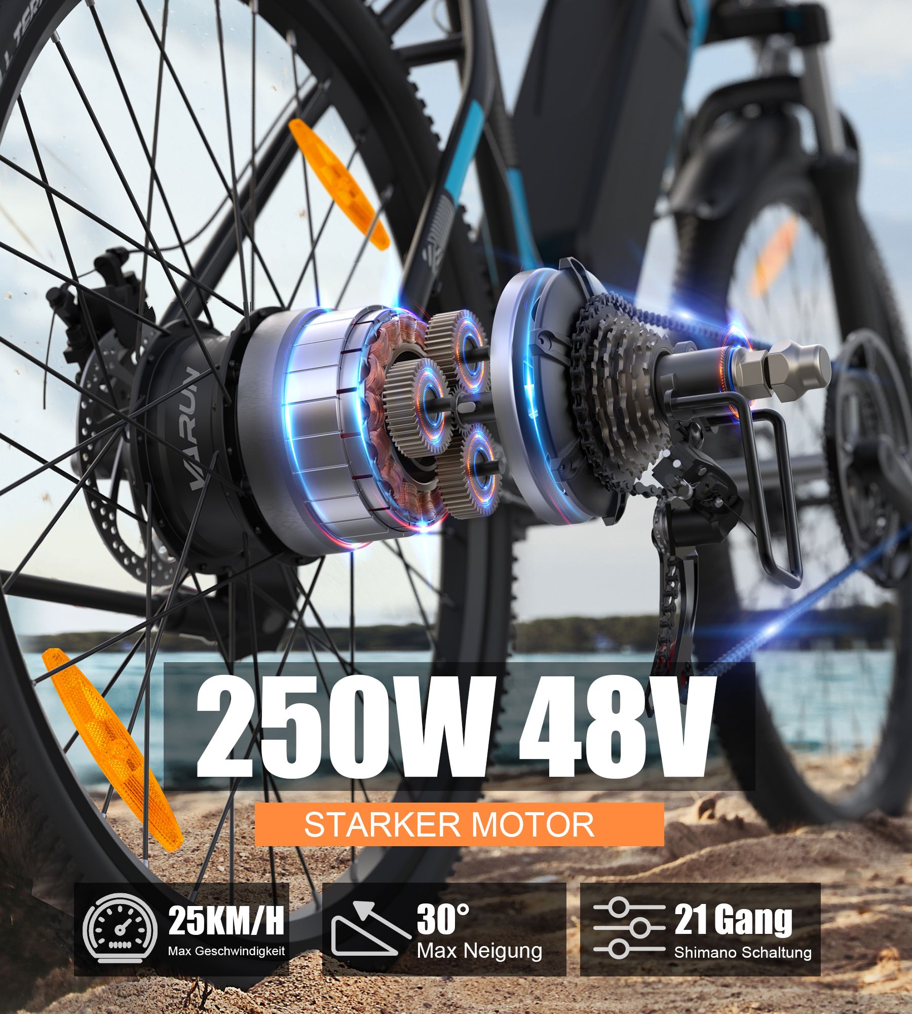 Nahaufnahme des Hinterrads einer E-Bike. 250W Motor, 48V. 21 Gänge, Shimano Schaltung. Max. 25km/h, 30° Neigung.