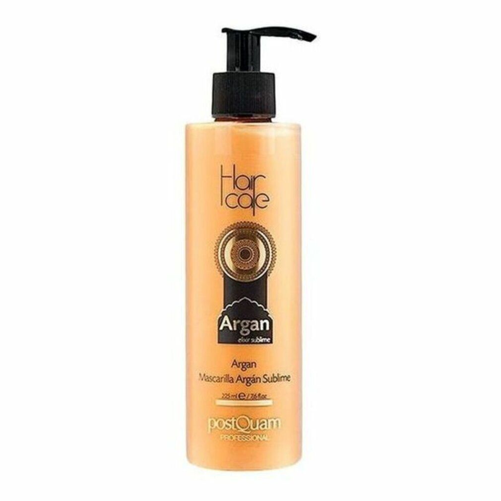Arganöl-Haarmaske in einer Flasche mit Dosierpumpe. Aufschrift: Hair care, Argan, Mascarilla Argan Sublime, Postquam Professional.