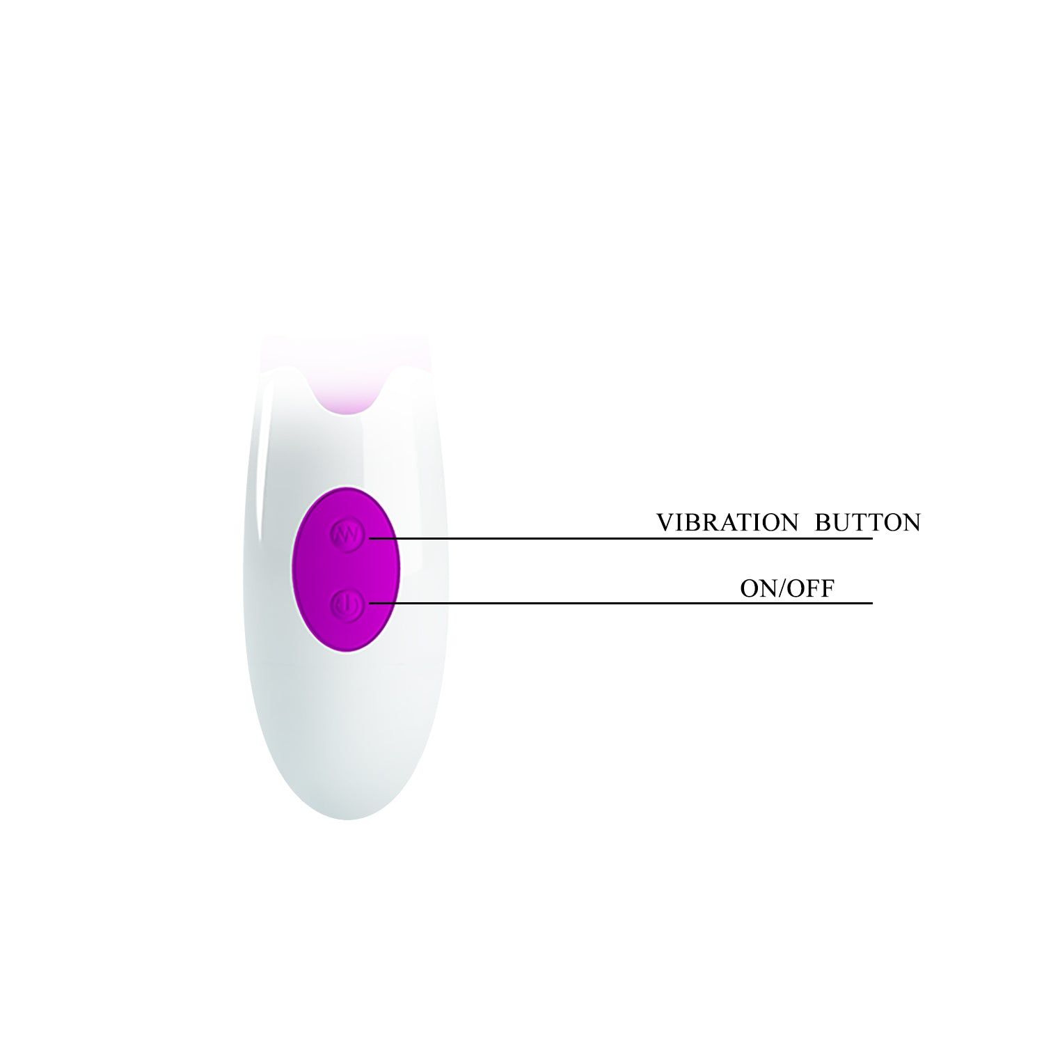 Nahaufnahme der Bedienelemente. Zwei Knöpfe: Vibration und Ein/Aus. Weißer Hintergrund.