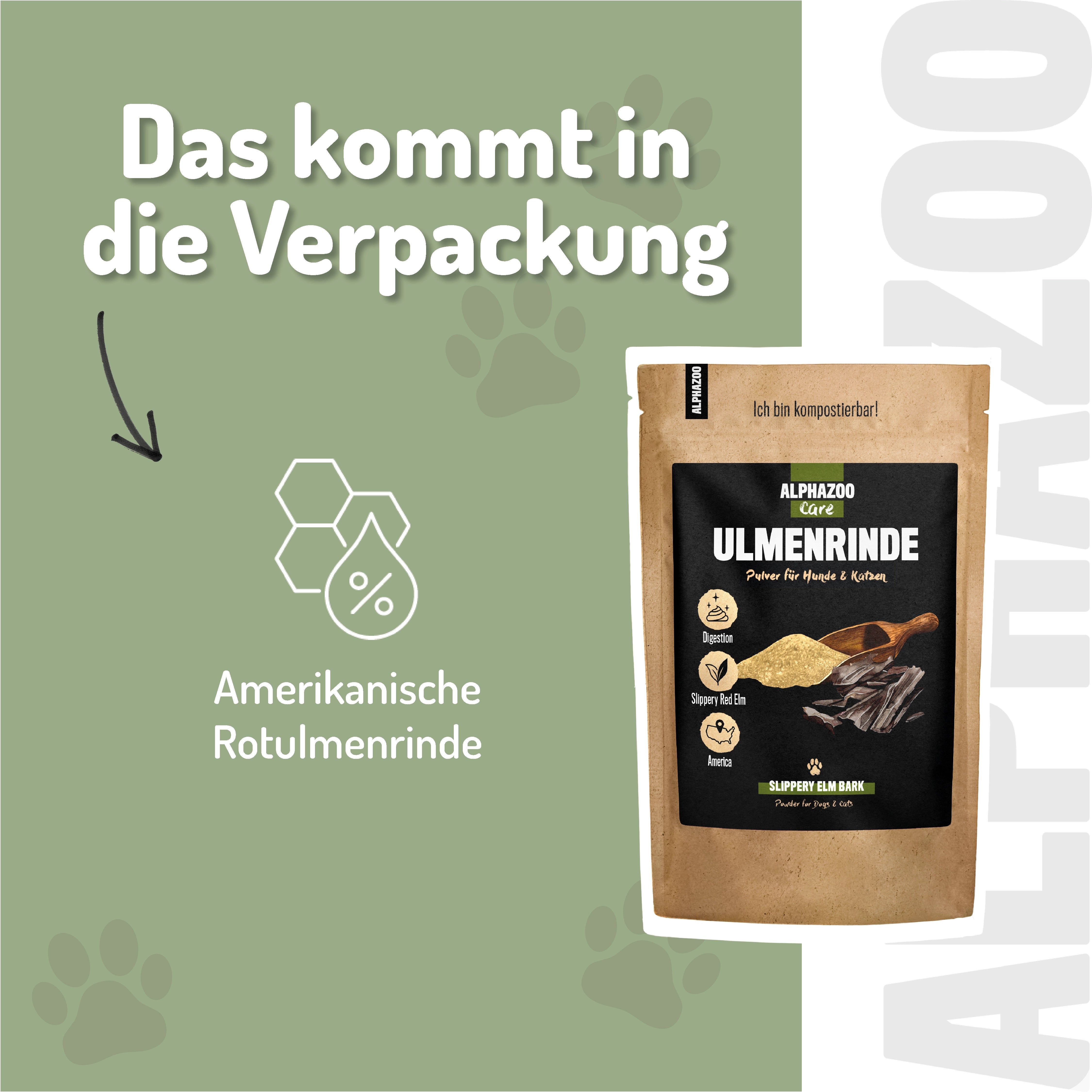 Grafik mit Text: Das kommt in die Verpackung. Grafik: Amerikanische Rotulmenrinde. Daneben: ALPHAZOO Care Ulmenrinde Pulver für Hunde & Katzen.
