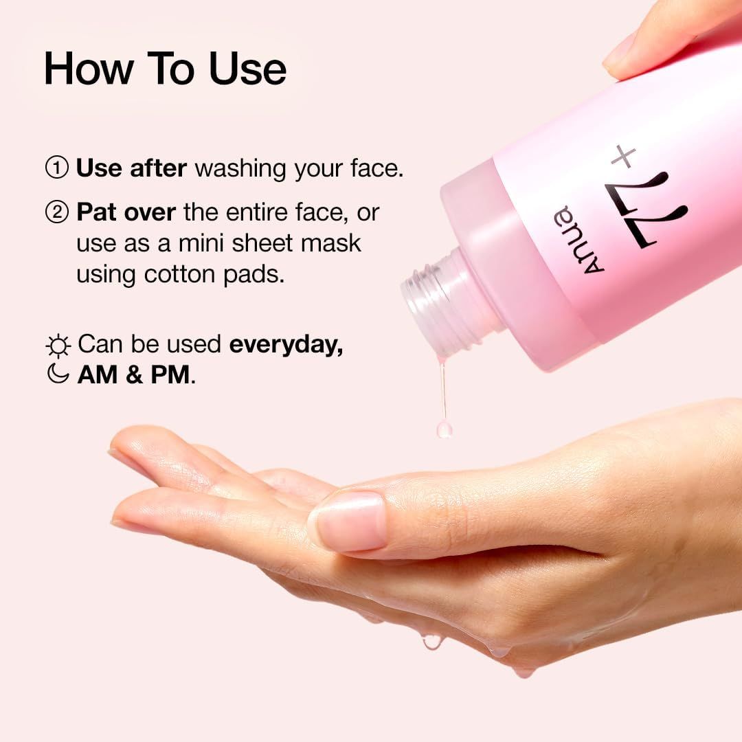 ANUA 77+ Essence Toner. Flasche wird auf Hand gegossen. Text: How To Use. Anwendungshinweise: Nach dem Waschen, mit Wattepads.