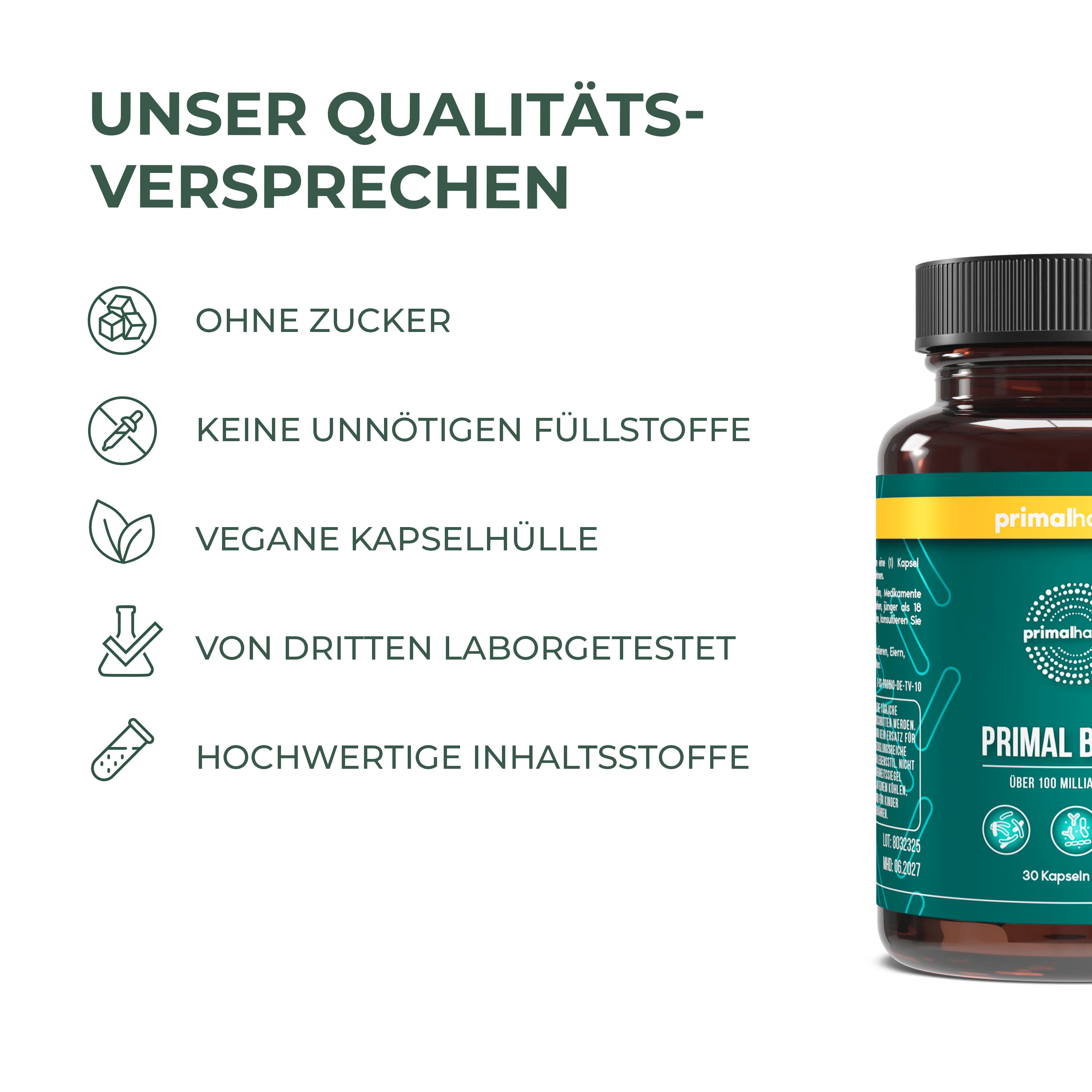 Ausschnitt einer Flasche Primal Harvest Probiotika. Aufschrift: Ohne Zucker, vegane Kapselhülle.