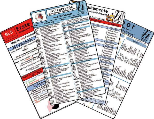 Mehrere Karten, Altenpflege-Set, mit medizinischen Abkürzungen, Medikamenten, Erste Hilfe. Verschiedene Farben und Texte.