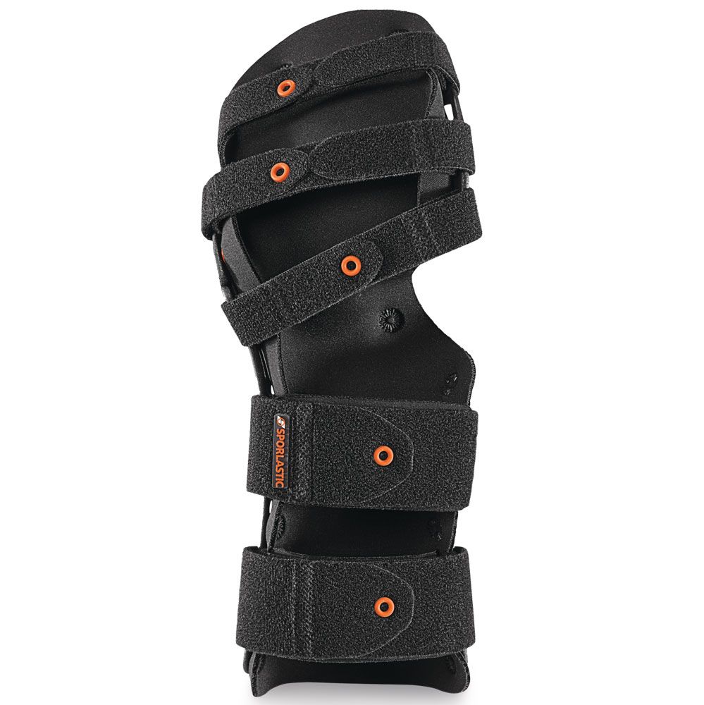 Rückseite einer schwarzen Handgelenkorthese mit mehreren Klettverschlüssen und orangefarbenen Akzenten.