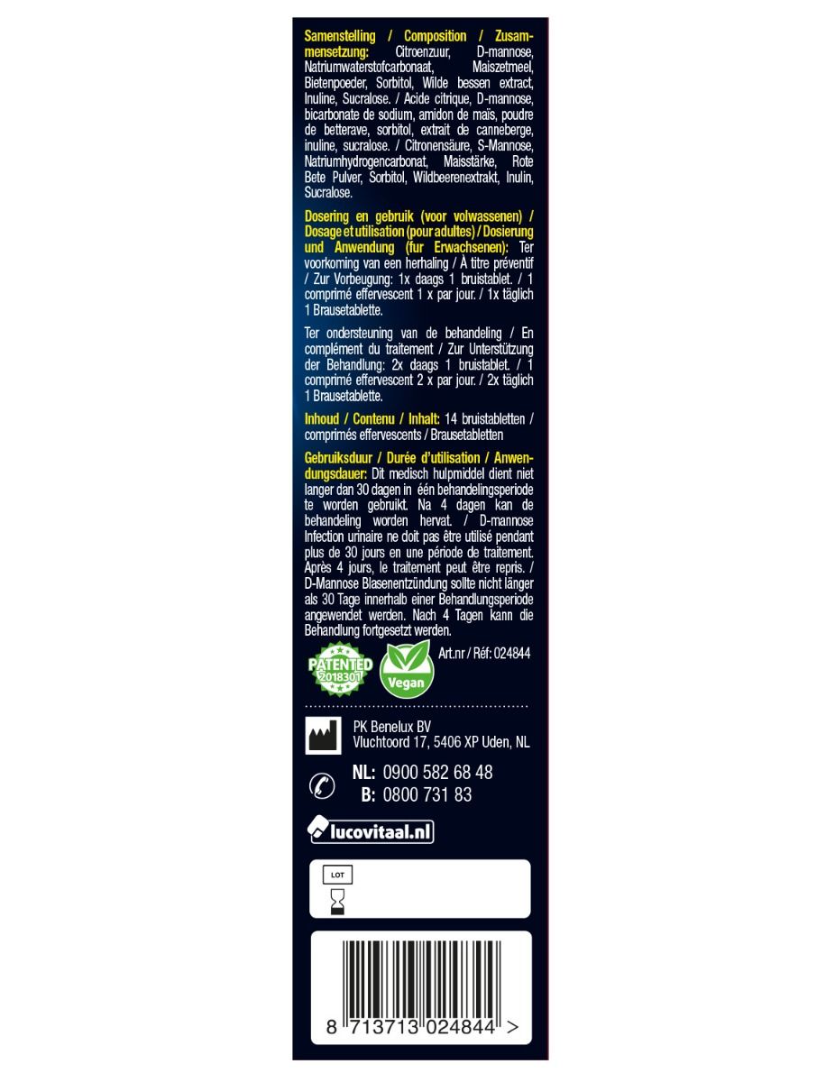 Rückseite der Verpackung von "Lucovitaal D-Mannose Blaasontsteking". Enthält Informationen zu Inhaltsstoffen, Dosierung und Gebrauch.