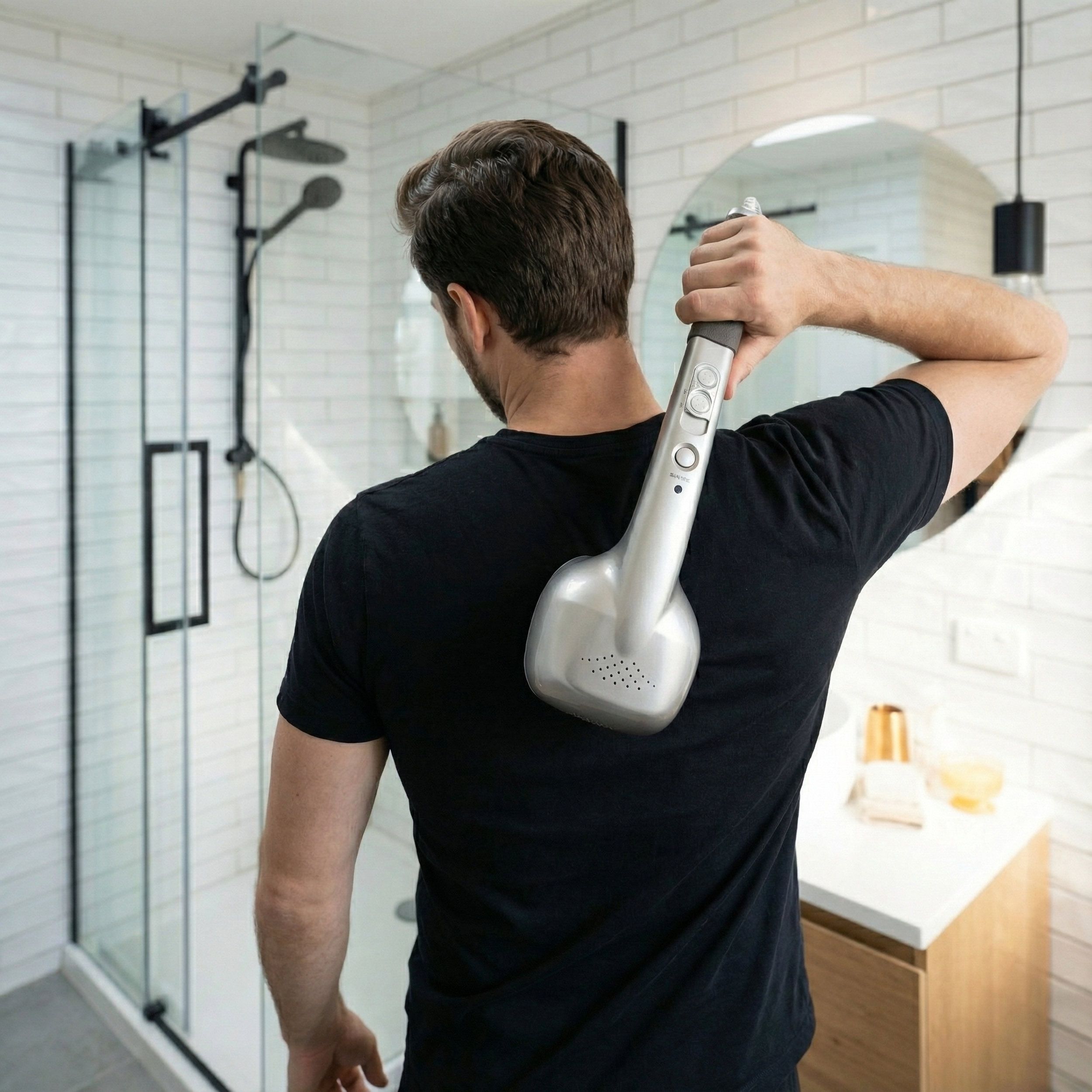 Silberfarbenes Massagegerät, Mann hält es am Rücken. Badezimmerhintergrund mit Dusche und Spiegel.
