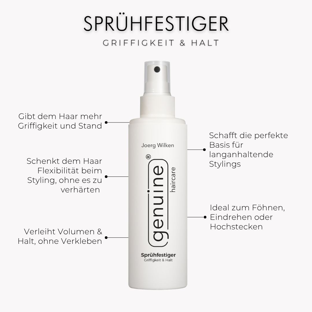 Weiße Sprühflasche mit schwarzem Sprühkopf. Text: Sprühfestiger, Griffigkeit & Halt. Produktbeschreibung in deutscher Sprache.