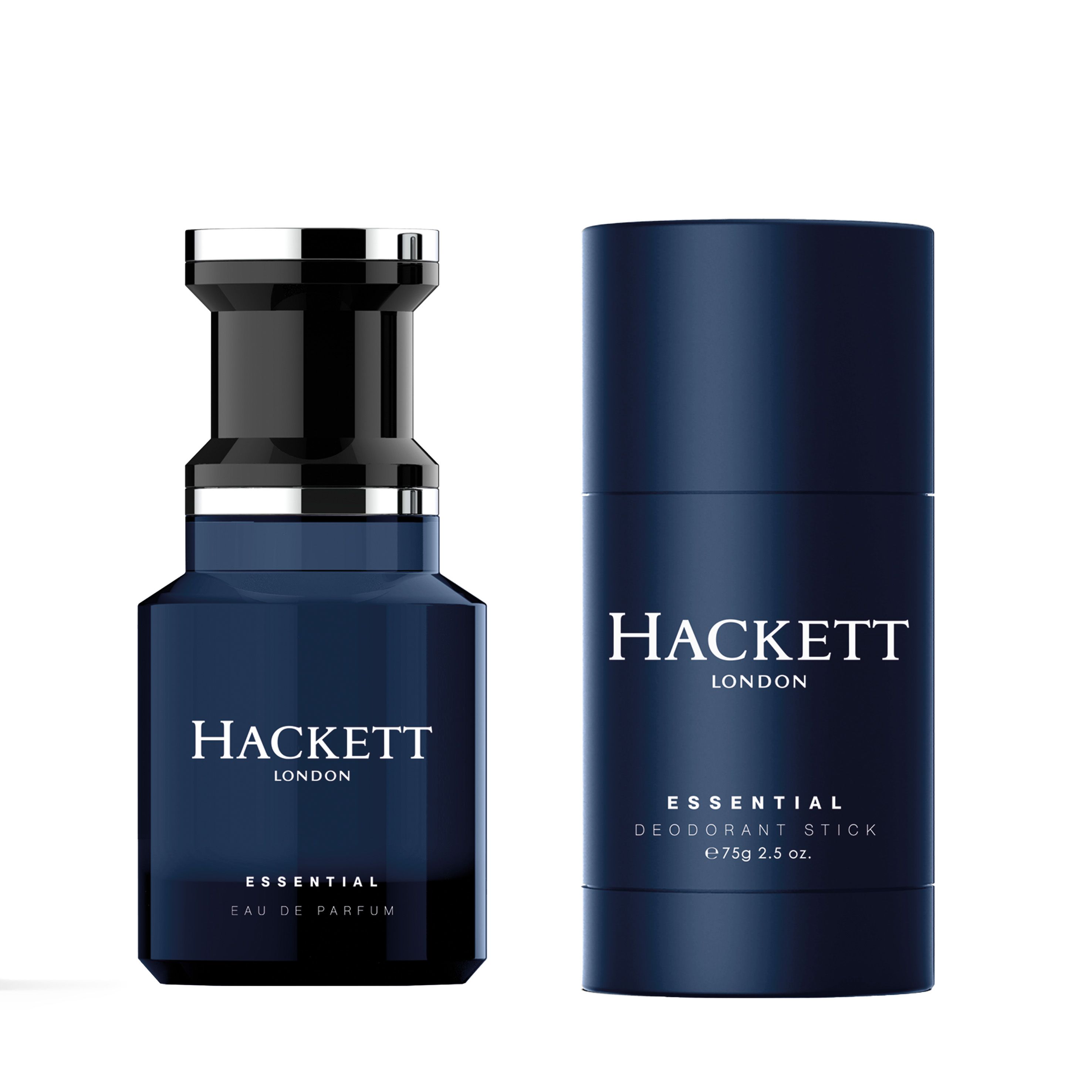 Hackett Essential Geschenkset: Eau de Parfum und Deostick. Blaue Flakons mit weißer Schrift. Aufschrift: Hackett London, Essential.