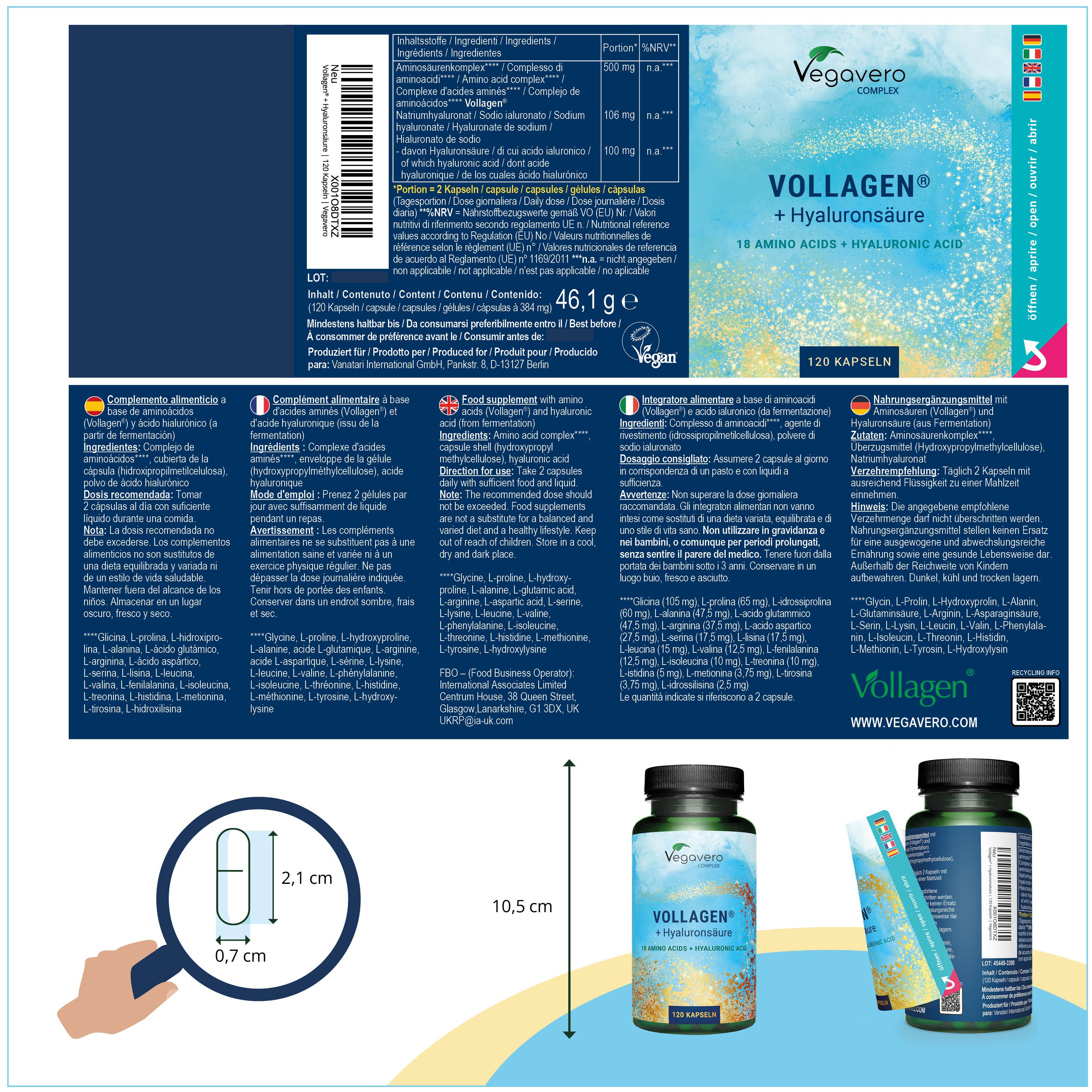 Produktverpackung mit Informationen. Flasche, Kapsel-Größenvergleich, und Beutel. Vegan-Siegel.