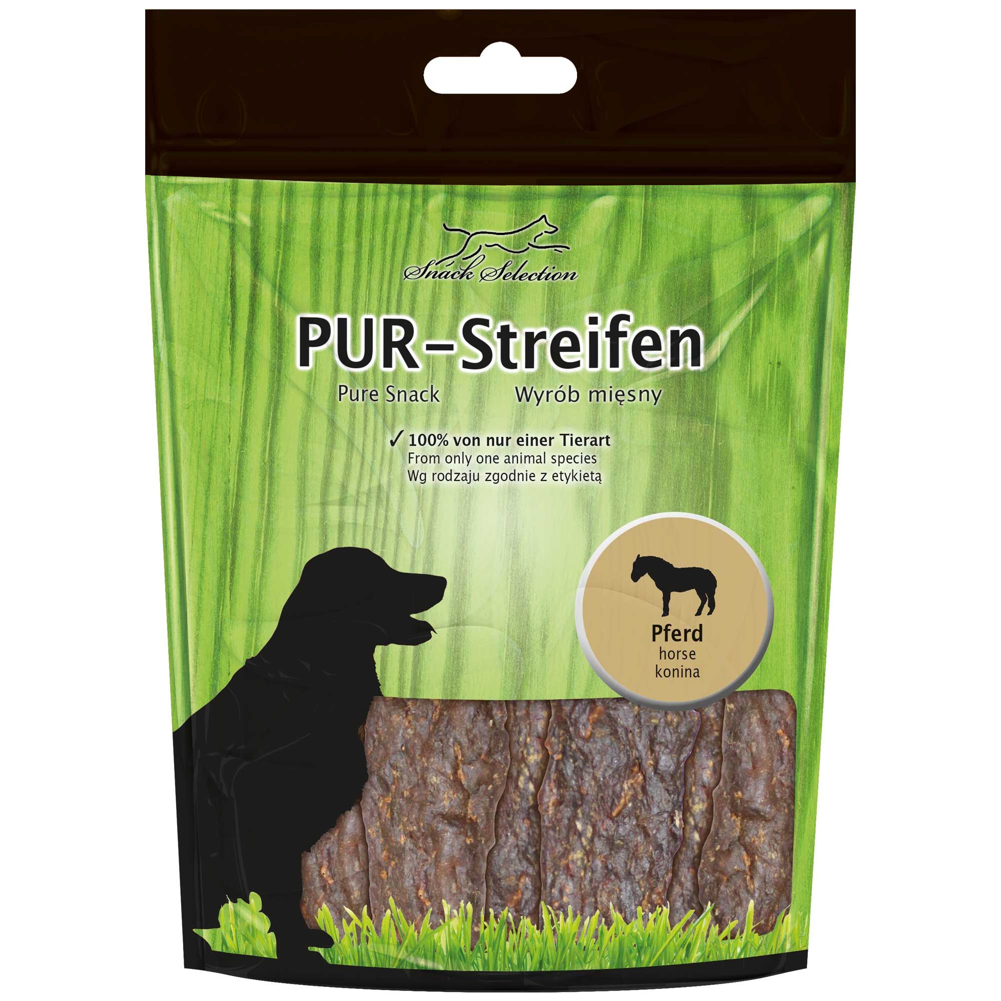 Verpackung mit PUR-Streifen Pferd. Grün-braune Tüte mit Produktnamen, Hundesilhouette und Pferde-Icon. Text: 100% von nur einer Tierart.