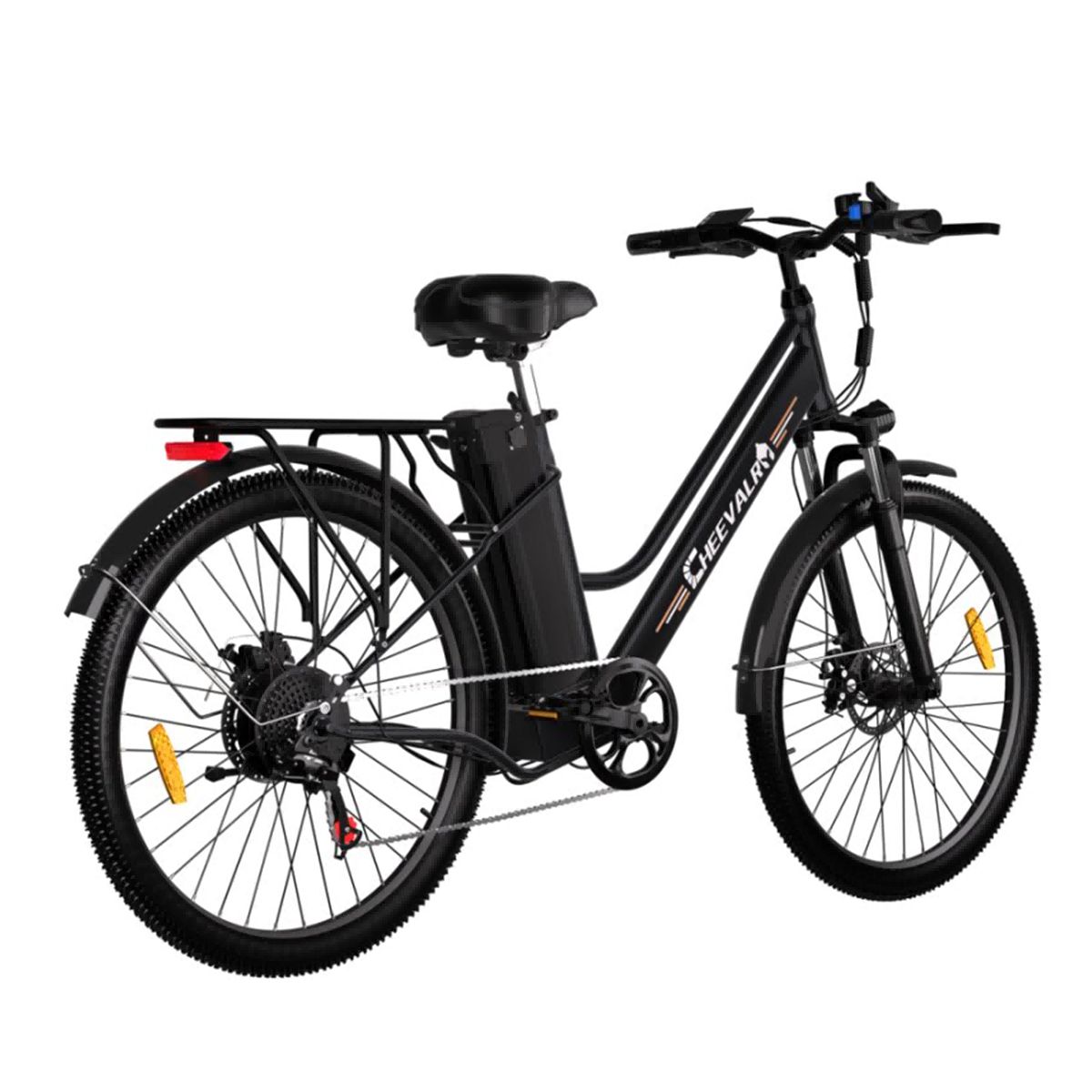 Schwarzes Elektrofahrrad mit Gepäckträger. Marke Cheevalry.