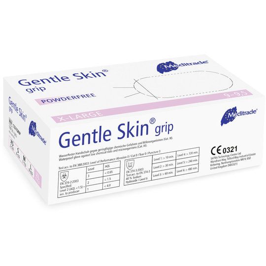 Packung Meditrade Gentle Skin® grip Untersuchungshandschuhe, X-Large, puderfrei, Latex.
