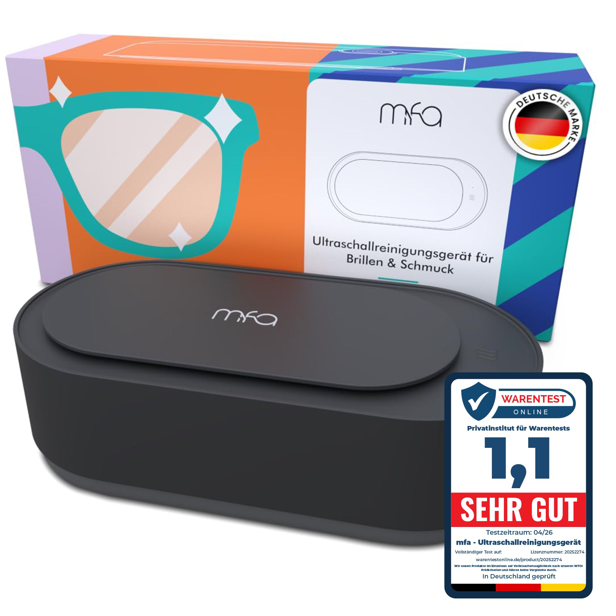 Ultraschallreinigungsgerät, schwarz. Verpackung mit Produktabbildung und Markennamen mfa®. Auszeichnung "SEHR GUT".