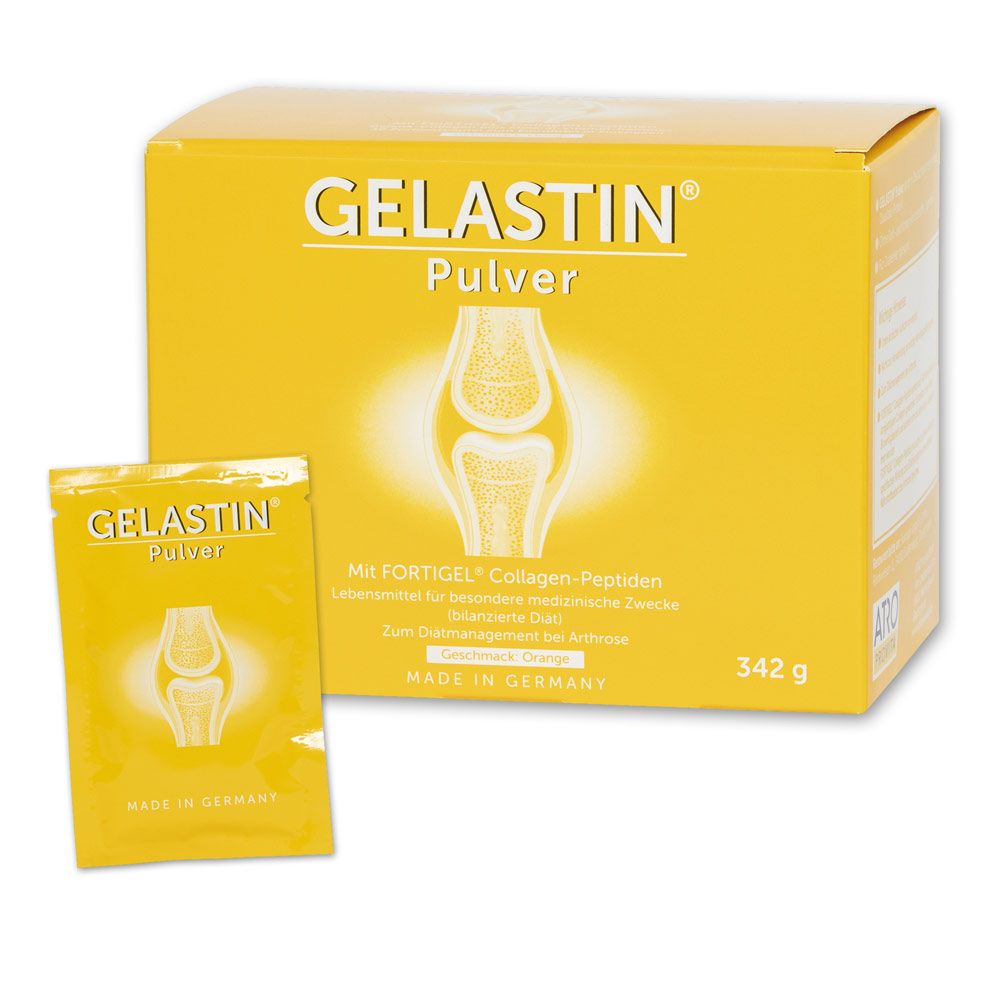 Gelastin Pulver Packung. Gelbe Box mit Produktnamen und Illustration eines Knies. 342g Packung und Einzelbeutel.
