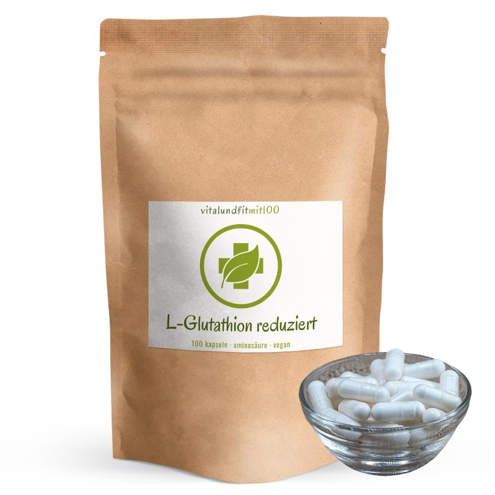 Braune Papiertüte mit Etikett und Glas mit weißen Kapseln. Auf dem Etikett steht: vitalundfitmit100, L-Glutathion reduziert.