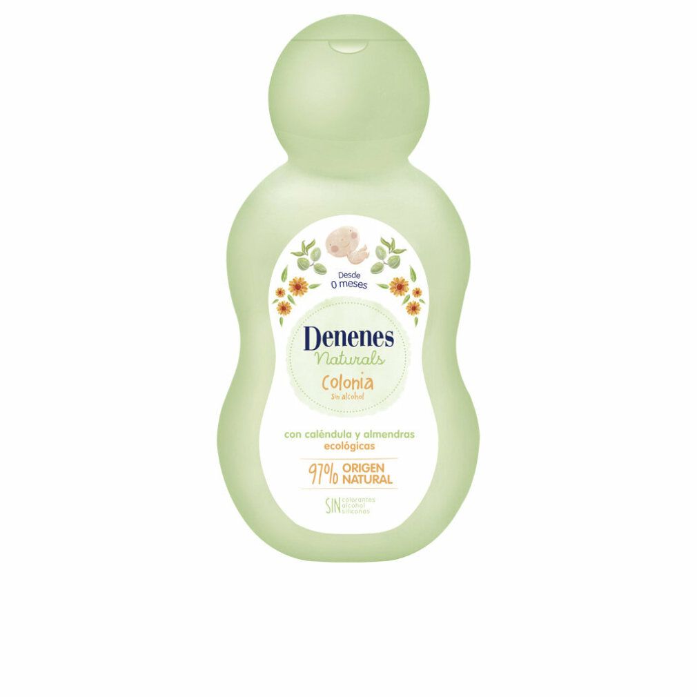 Grüne Flasche mit Produktetikett. Aufschrift: Denenes Naturals Colonia. Mit Ringelblume und Mandeln. 97% natürlichen Ursprungs.