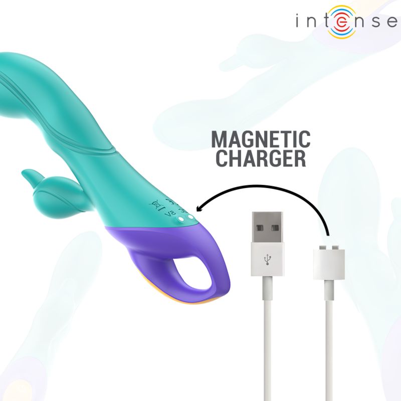 Türkis-lila Vibrator mit magnetischem Ladegerät und USB-Kabel.