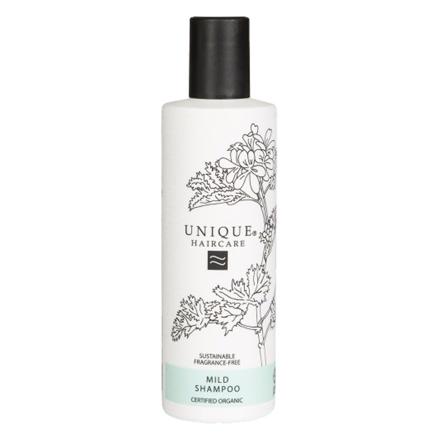 Weiße Flasche mit schwarzem Deckel. Aufschrift: UNIQUE Haircare, Mild Shampoo, zertifiziert biologisch.